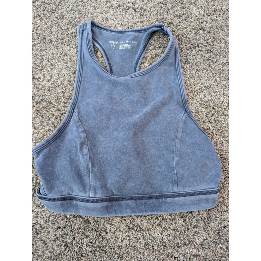 Aerie Chill Play‎ Move High Neck Sports Bra Blue Mineral Wash Racerback Small